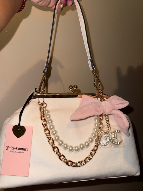 Juicy Couture Handbags - Juicy Couture Cream & Pink Bow Satchel with Chain and Pearl Accents